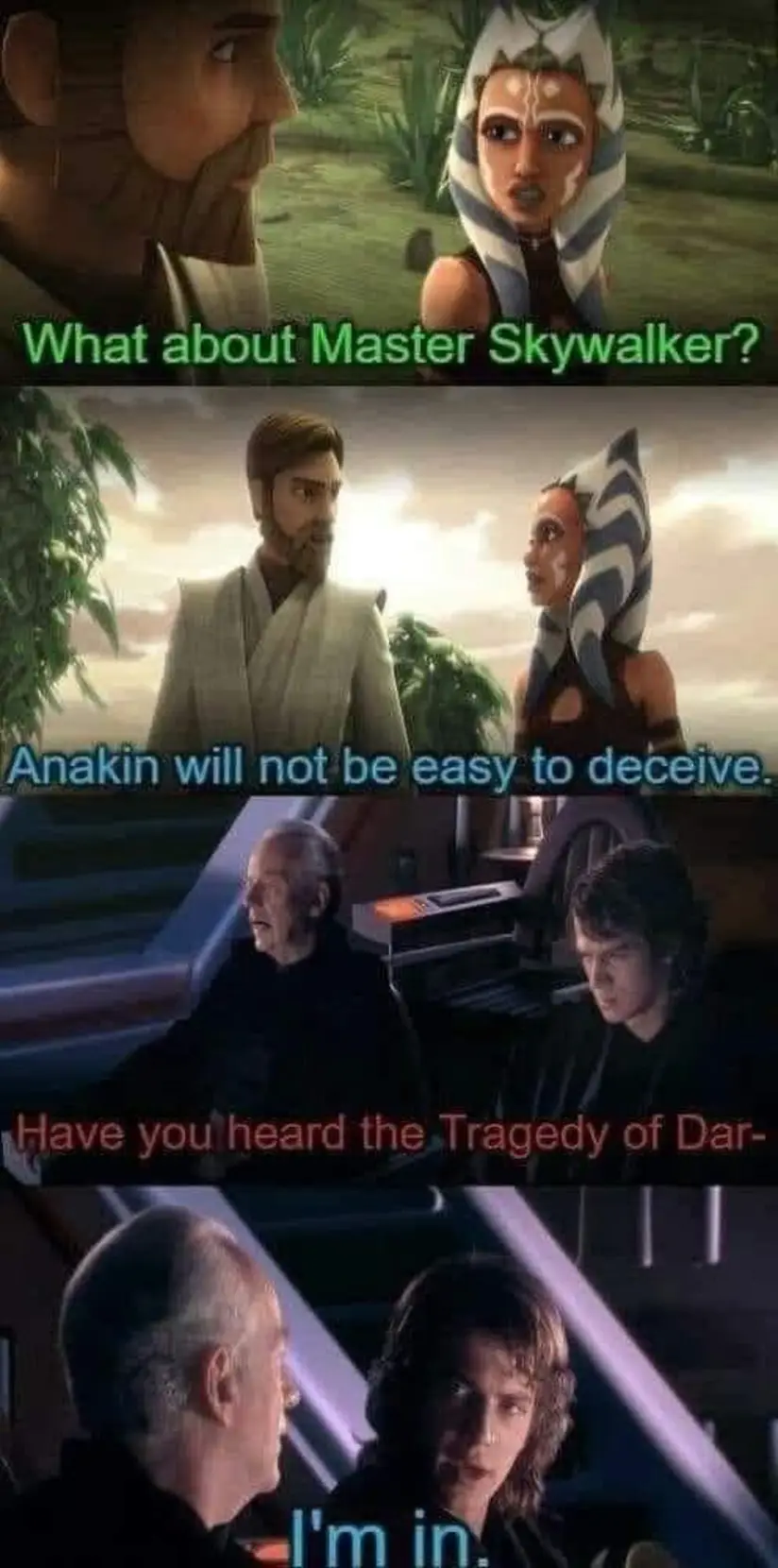 This meme is a screenshot from the 2002 film "Star Wars: Attack of the Clones" with a caption. The image shows a scene where Anakin Skywalker (played by Hayden Christensen) is talking to his mentor, Obi-Wan Kenobi, about his concerns about being in love with Padmé. The text "I don't like sand. It's dry. It's deserty." is written in a font that looks like it's from a Star Wars film, and the image is captioned "When you realize you're a Sith, not the Chosen One".
